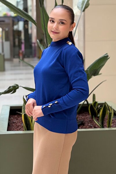 Nuss Mercerized Sweater with Gold Button Detail on the Shoulder and Cuff