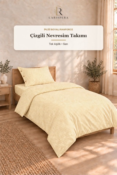 Larispera Yellow Yarn Dyed Ranforce Cotton Single Striped Buttoned Duvet Cove...