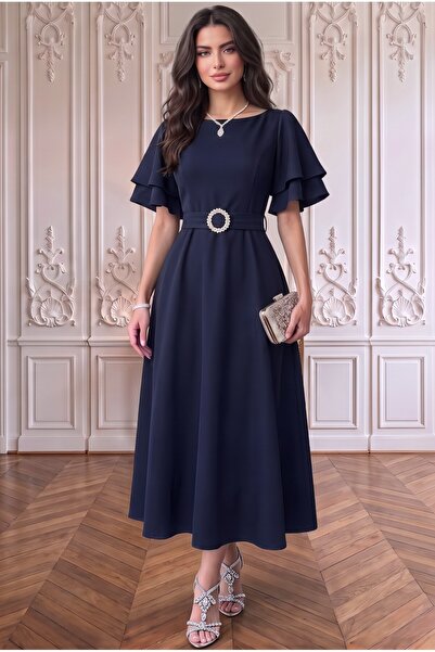 ALFUDO Moda Collection Kuşaklı Katlı Kollu Midi Elbise Kombini