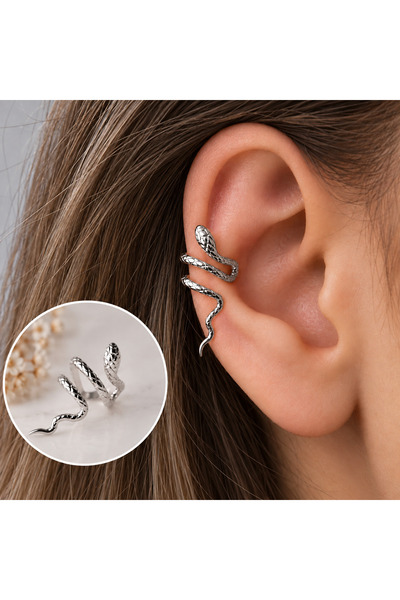 Heppii Gümüş Renkli Çelik Yılan Model Earcuff Yılan Sıkıştırma Kıkırdak Küpesi