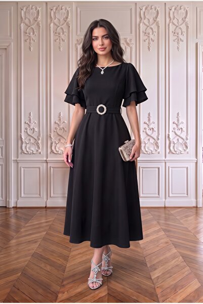 ALFUDO Moda Collection Kuşaklı Katlı Kollu Midi Elbise Kombini