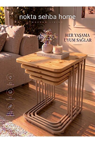 Nokta Sehpa Home 4LÜ TEKERLEKLİ CAPPUCİNO boya statikMETAL ÇAM TABLA ZİGON SE...