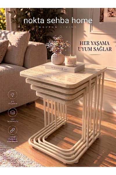 Nokta Sehpa Home 4LÜ TEKERLEKLİ İÇ İÇE GEÇEN KREM METAL TRAVERTEN ZİGON SEHPA...