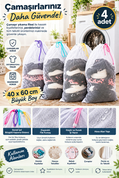 Ferzin 4 Adet Ultra Lüx Büyük Boy Çamaşır Yıkama Filesi Renkli İpli 40x60 Cm