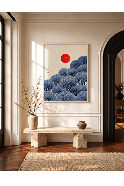 Boho wellness studio Çerçeveli MDF Japon Güneşi ve Mavi Ağaç Poster Tablo | J...