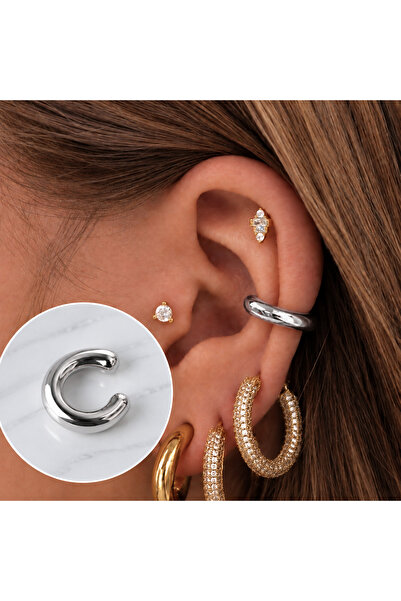 Heppii Silver Renk Delik Gerektirmeyen Düz Earcuff Kıkırdak Küpesi