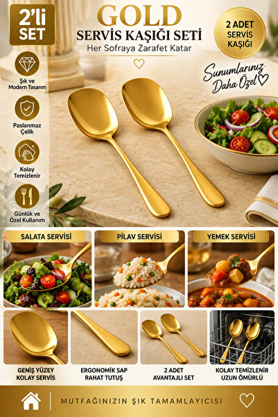 tafce 2 Adet Paslanmaz Gold Çelik Lüx Servis Salata Kaşığı Spatula Çelik Yeme...