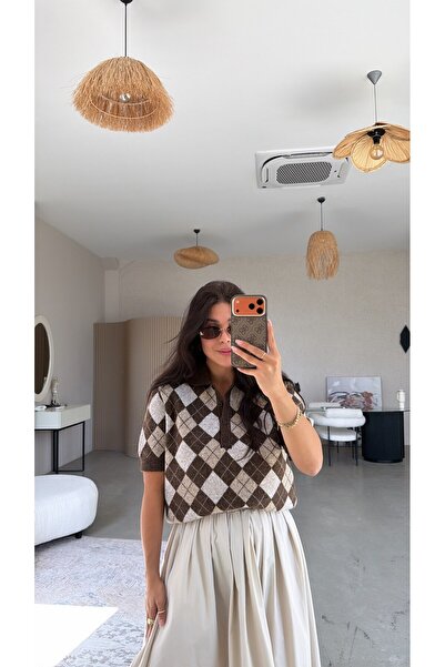Buket Teke Brown Diamond Patterned Collared Short Sleeve Knitwear Blouse