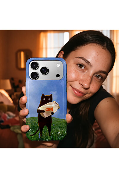 EDELFU iPhone 17 PRO Uyumlu - Balık Dostu Kedi, Çift Katmanlı Kapak, Parlak Yüzey Koruyucu Kılıf