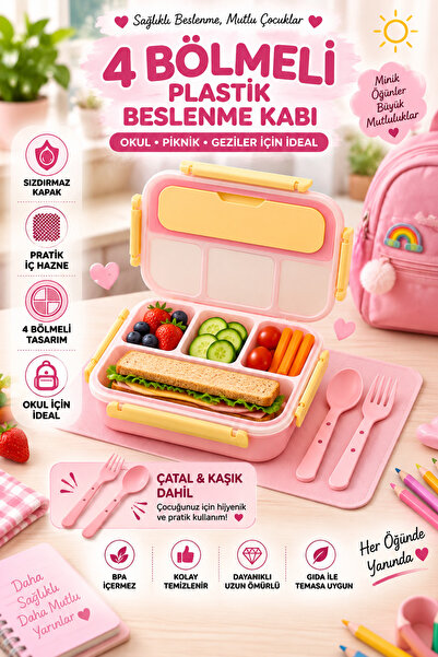 Tasarım Evi 4-Compartment Children's Lunch Box / Nutrition Box with Leak-Proo...