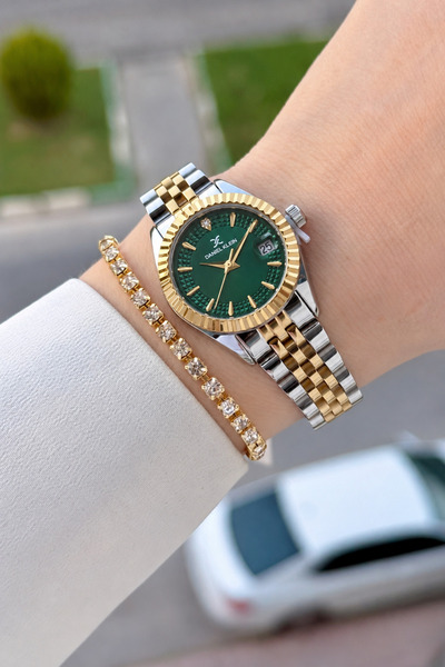 Daniel Klein Dial Green Strap Gold Silver Color 28 mm Women's Wristwatch with...