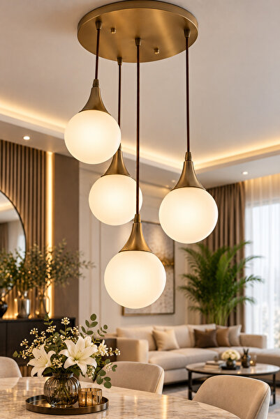 VENON Elora 3 + 1 Yuvarlak Sarkıt Avize ✨ ESKİTME ✨ BEYAZ GLOP CAMLI ✨ Salon ...