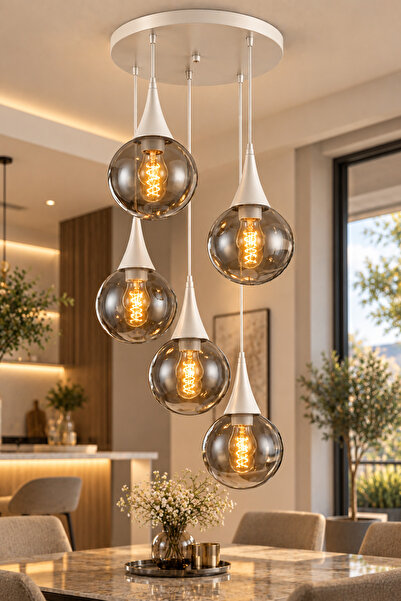 VENON Elora 5.li Sarkıt Yuvarlak ✨BEYAZ ✨ FÜME GLOP CAMLI ✨ Salon Avizesi Mod...