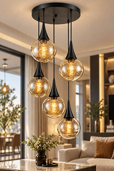 VENON Elora 5.li Sarkıt Yuvarlak ✨SİYAH ✨ BAL GLOP CAMLI ✨ Salon Avizesi Mode...