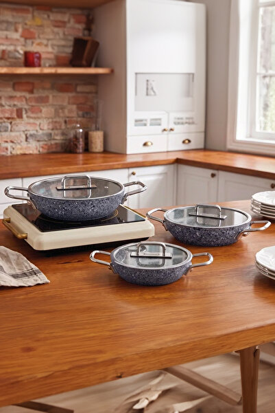 Zest Peakstone 6 Piece Granite Pan Set 18-20-22 cm Double Handle with Glass L...