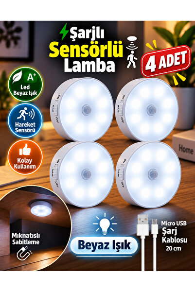 Unichrome 4 Adet Hareket Sensörlü 8 Ledli Usb Şarjlı Beyaz Led Işık On/auto/o...
