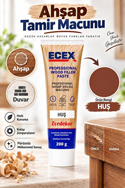 ecedekor Huş Ahşap Tamir Macunu (200gr) – Su Bazlı Çatlak ve Yüzey Dolgu Macu...
