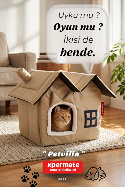 XPERMATE Kedi Evi Kedi Villası Kedi Kulübesi Kedi Evleri Bej Petvılla