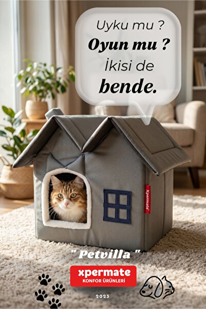 XPERMATE Kedi Evi Kedi Villası Kedi Kulübesi Kedi Evleri Antrasit Petvılla