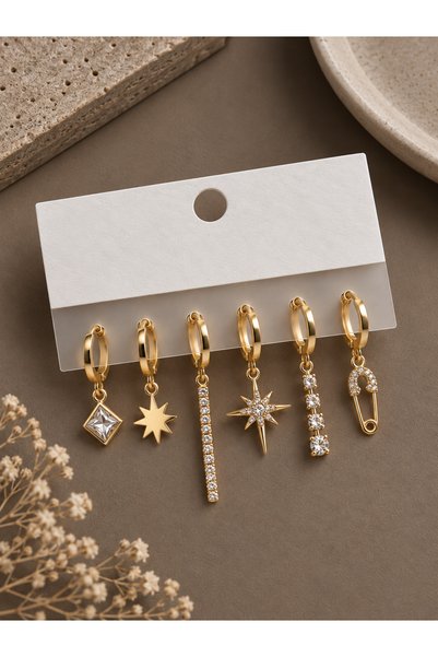 serelya Gold Color Brass Zircon Stone Detailed 6-Piece Earring Set Combination