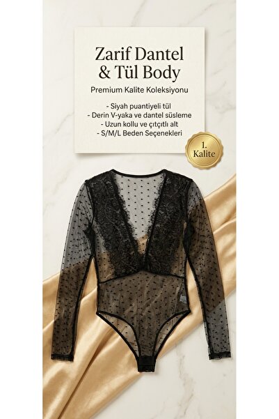 ARDSU Dantelli, Tül ,Çıtçıtlı, Uzun kollu Body