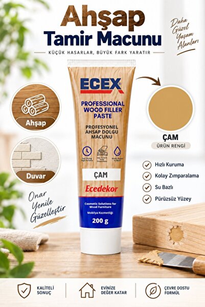 ecedekor Çam Ahşap Tamir Macunu (200gr) – Su Bazlı Çatlak ve Yüzey Dolgu Macu...