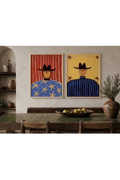 Boho wellness studio Çerçeveli MDF Modern Kovboy Figürleri Renkli Sanat Tablo...