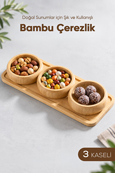 Vienev 3 Round Bowl Bamboo Snack Bowl with Tray