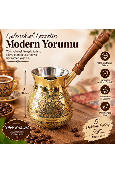 kapadokyahediyelik Pirinç Cezve 5'' Jumbo Boy Ahşap Saplı