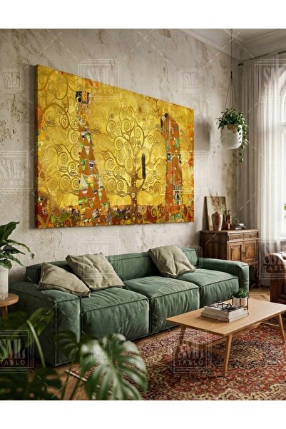 SML TABLO Gustav Klimt Hayat Ağacı Altın Detaylı Yatay Kanvas Tablo Lüks Salo...