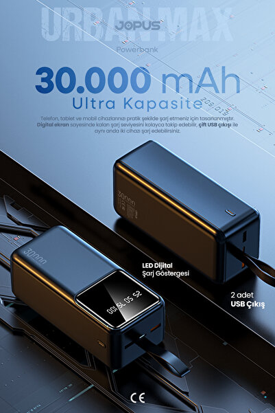 Jopus 30.000 mAh Powerbank LCD Ekranlı Taşıma Askılı Güçlü Taşınabilir Batary...