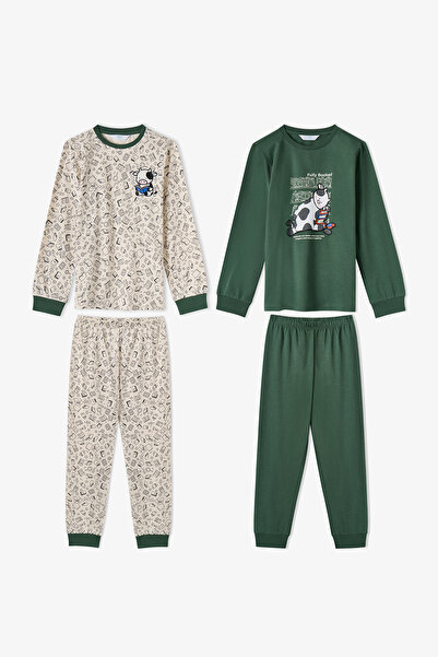 Penti Erkek Çocuk Yeşil Fully Booked Pamuklu Uzun Kollu 2'li Pijama Takımı