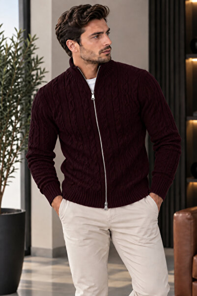 H&E LUXURY DESIGN Men's Hair Knit Patterned Jacket with Zipper Detail