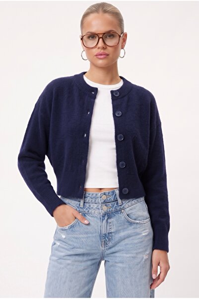 Ritnice Women's Tilia Crop Navy Blue Knit Cardigan