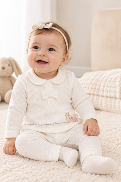 NURHAS BEBE COTTON RABBIT EMBROIDERED BOW TIE BABY BOTTOM TOP SET