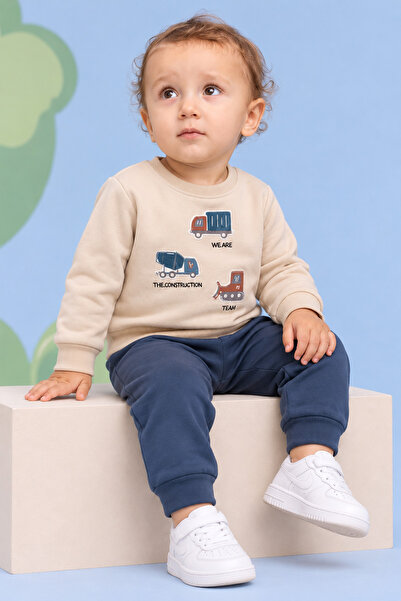 BOBİŞKO BABY Rocha Baby Boy Beige Construction Vehicles Embroidered 2-Piece S...