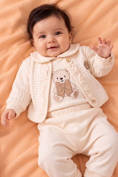 Rocha Baby طقم روشاكريم للأطفال مكون من 3 قطع - طقم سترة مكشكشة مطرزة بدمية د...