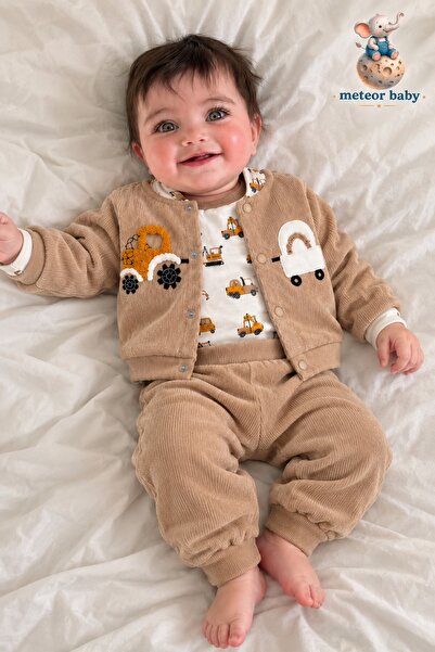 METEOR BABY Erkek Bebek 3’lü Takım Nakış Detaylı Arabalı Alt Üst Mevsimlik Ta...