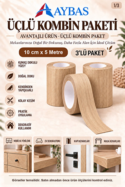 Aybas 10 cm x 5 Metre 3'li Açık Meşe Kendinden Yapışkanlı Ahşap Desenli Kumaş...