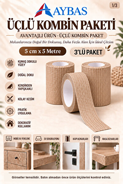 Aybas 5 cm x 5 Metre 3'lü Rattan Kendinden Yapışkanlı Ahşap Desenli Kumaş Fol...