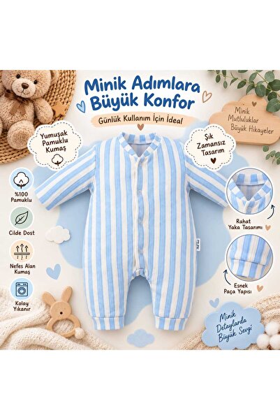 Derin Bebek Giyim %100 PAMUKLU MAVİ ÇİZGİLİ ERKEK BEBEK TULUMU