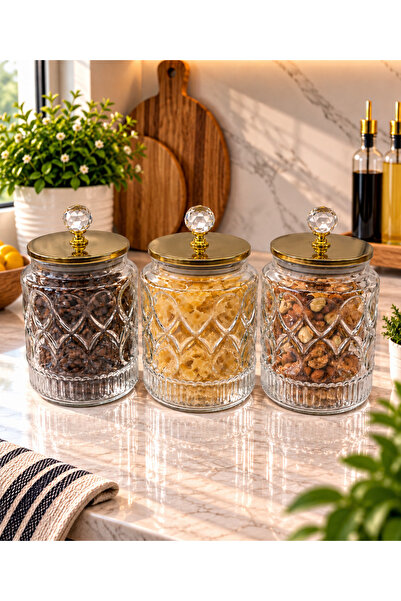 ALLEGRI Set of 3 Glass Round Jars with Gold Metal Vacuum Lid, Diamond Handle,...