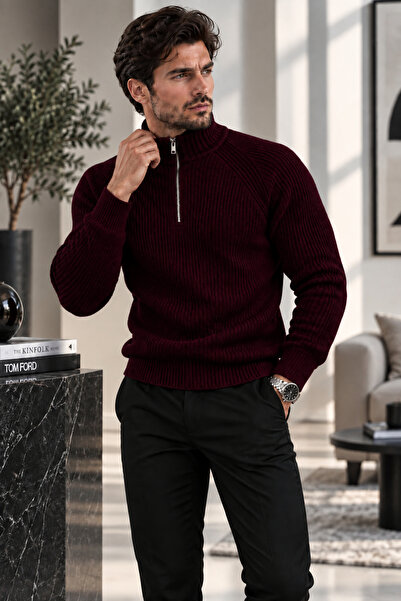 EMR Online Men's Knitwear Sweater Half Zipper Turtleneck Knitted Patterned Lo...