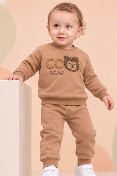 BOBİŞKO BABY Rocha Baby Boy Brown Cool Bear Towel Embroidered 2-Piece Set - T...