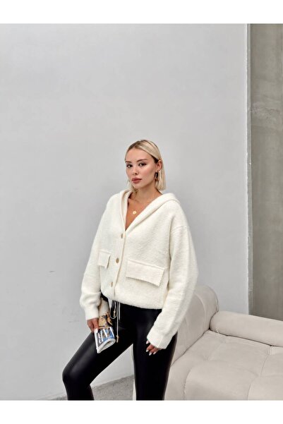 DAĞON'S Hooded Women's Beard Knitwear Cardigan with Drawstring