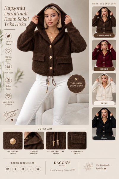 dağons Hooded, Drawstring, Soft Textured Women's Beaded Knit Cardigan