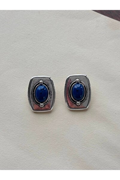 Alveole Jewelry Antik Gümüş Renk Lacivert Taşlı Vintage Küpe