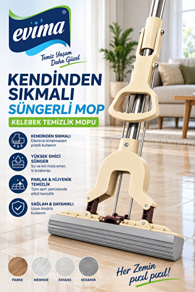EVİMA Kendinden Sıkmalı Süngerli Mop Kelebek Temizlik Mopu