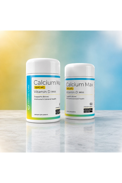 Human Care Calcium Max 1000 mg Calciu + 800 UI Vitamina D3, pentru sănătatea oaselor și a dinților, 60 comprimate masticabile