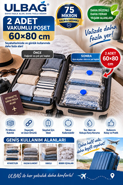 ÜLBAG 2 Pieces (60x80) Vacuum Storage Bag Suitable for Travel Suitcases Pract...